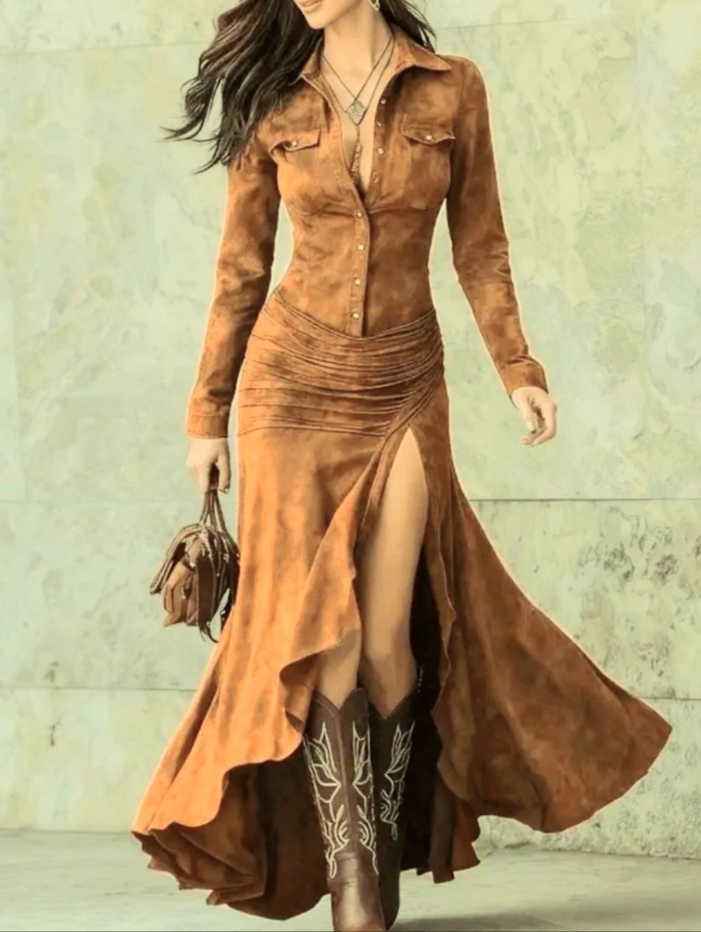 Zeagoo Vintage Western Faux Suede Slit Maxi Dress Size S